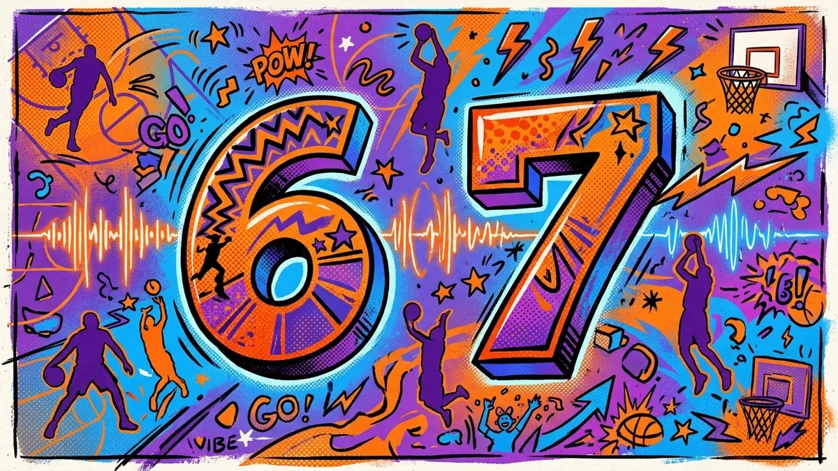 Six-seven meme — graffiti-style numbers with basketball silhouettes representing Gen Alpha viral slang