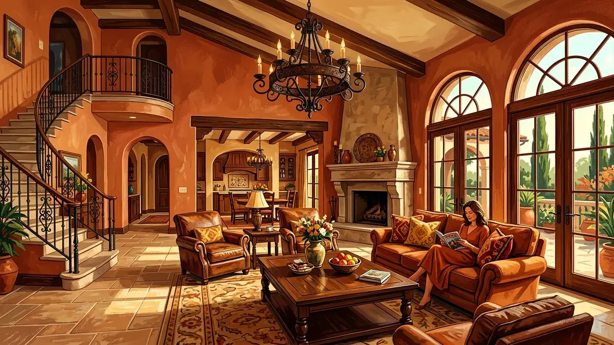 Tuscan Mom aesthetic — warm terracotta interior with wrought-iron chandelier, wood beams, and arched doorways
