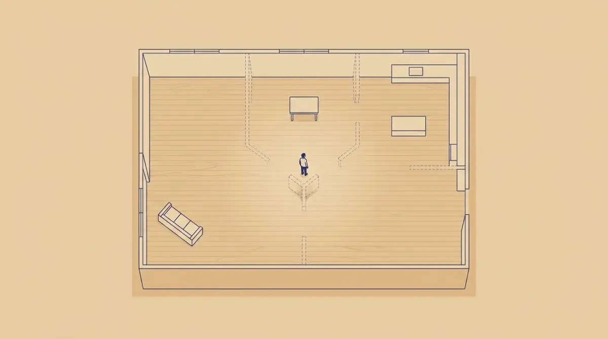 Several separate rooms merging into one open space, with a single figure standing where the walls used to be