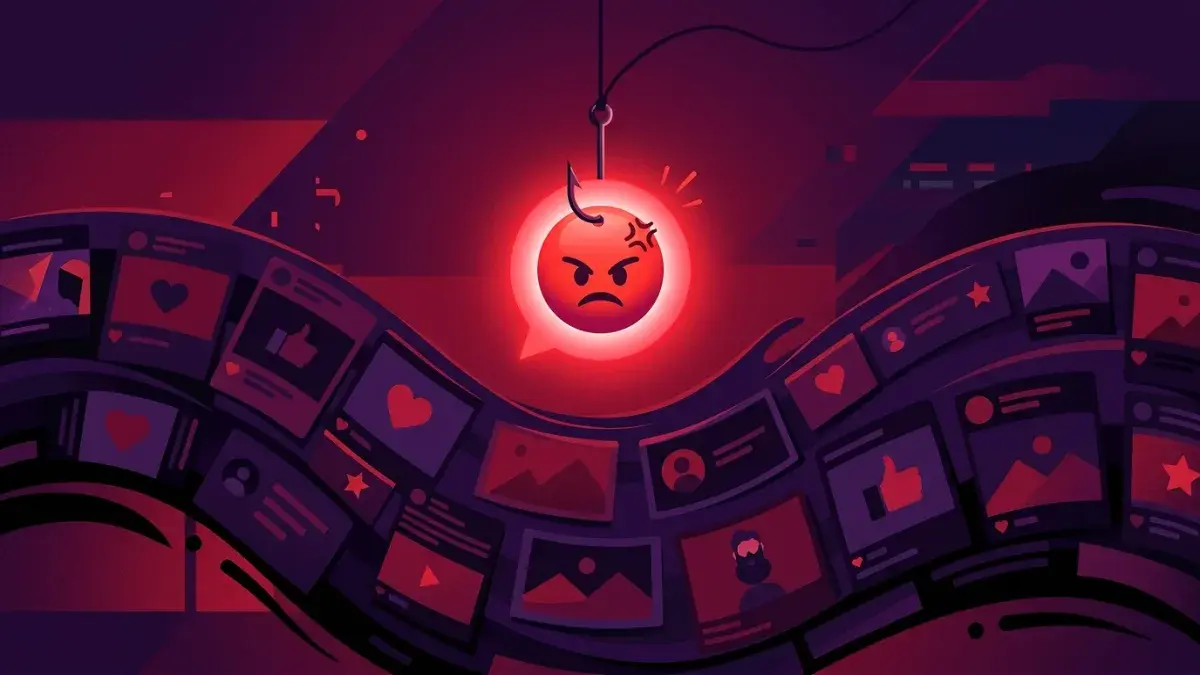 A glowing angry-face emoji hanging on a fishing hook above a stream of social media posts